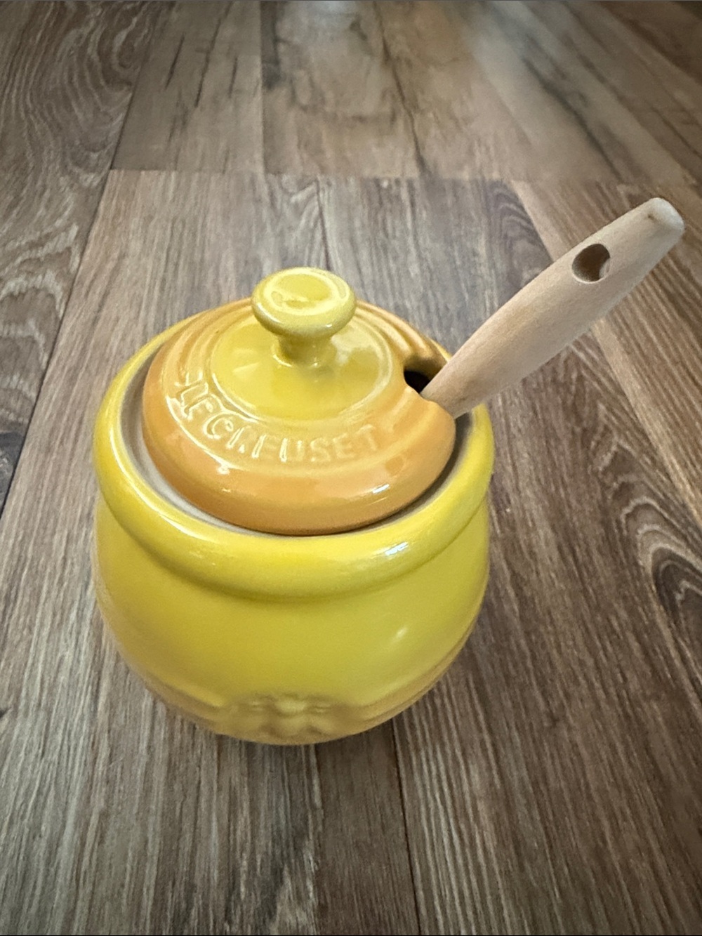 Rare Le Creuset Yellow Ceramic Honey Pot with Wooden Dipper- Discontinued